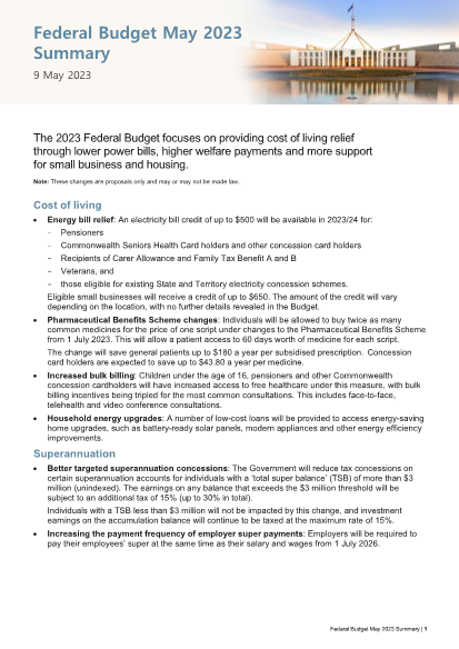 Federal Budget May 2023 Summary